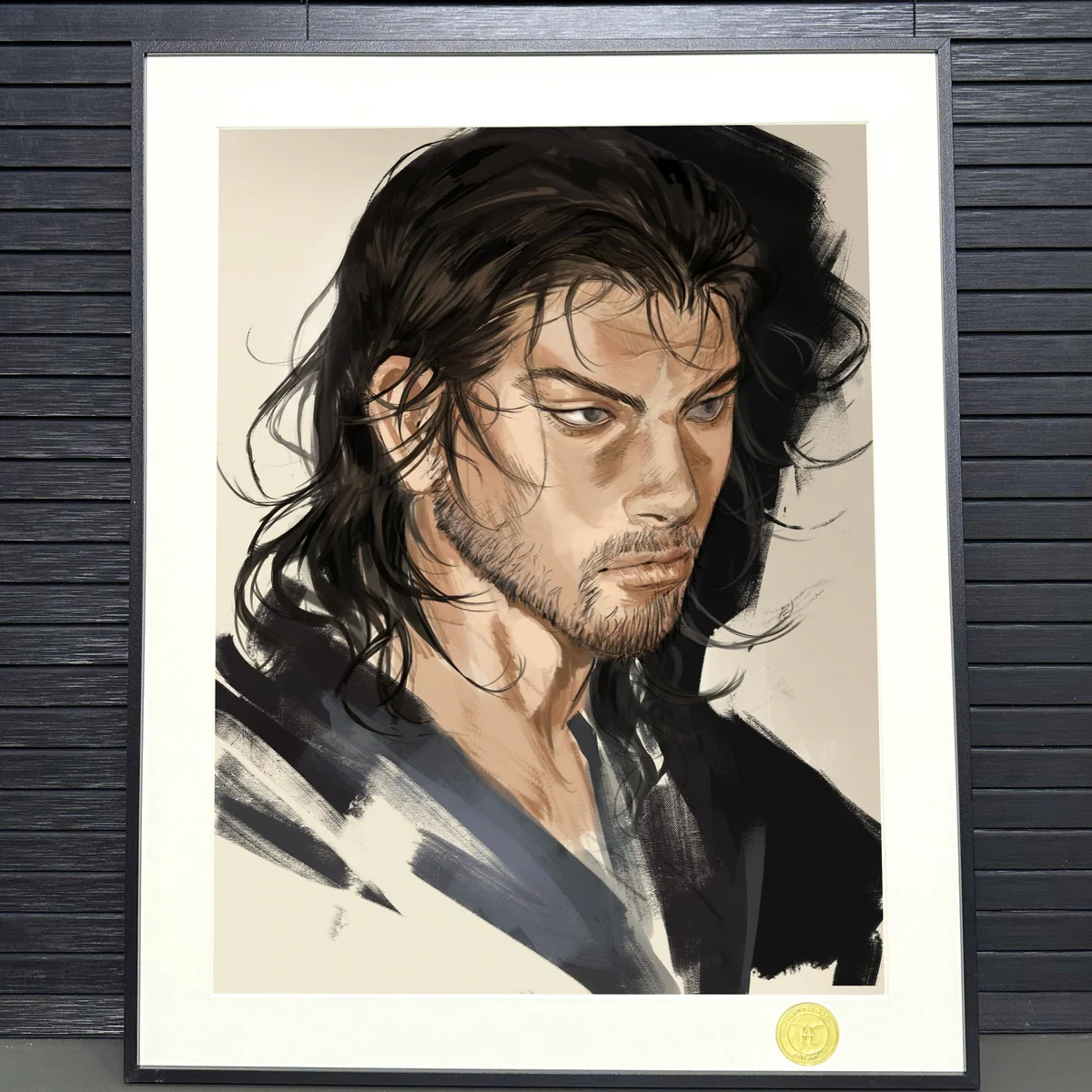 "Gallery views of the Limited Edition Vagabond Musashi Art Print, highlighting its dynamic manga samurai portrait and premium framed details."