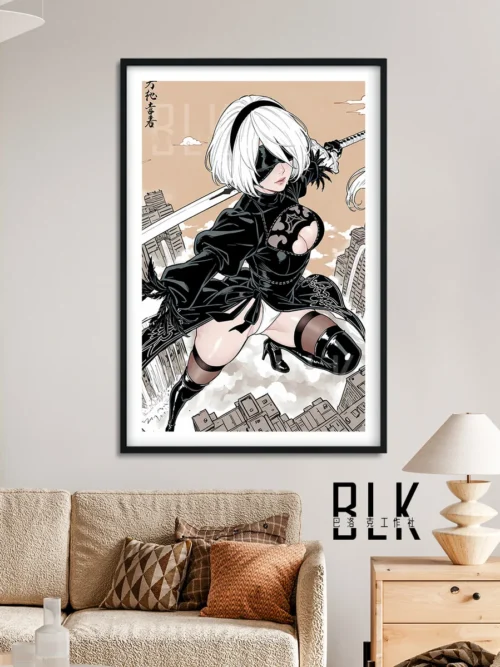 "NieR Automata 2B art print gallery. Views showcase dynamic 2B artwork, vibrant details, and the sleek aluminum frame's premium finish."