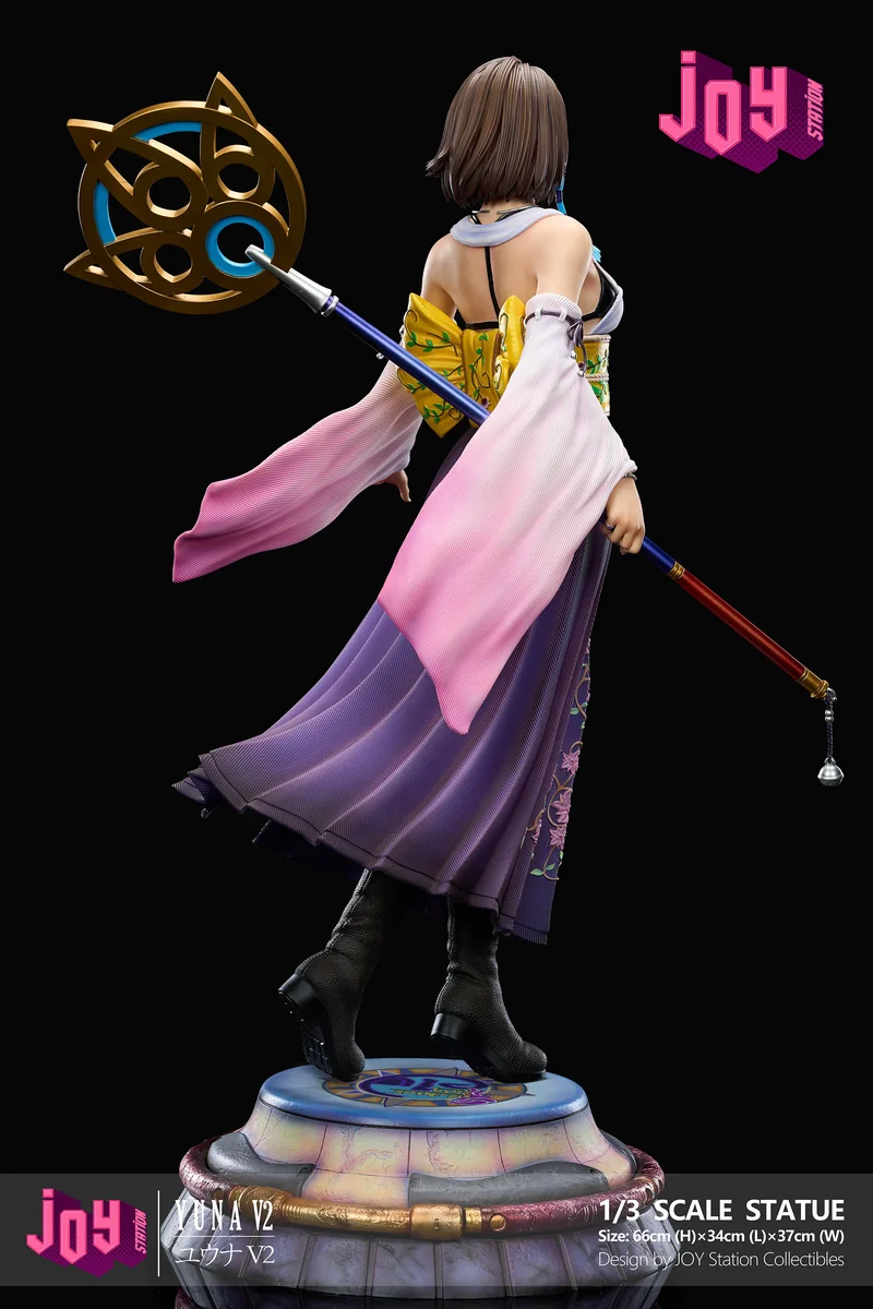 "Premium 1/3 scale Final Fantasy X Yuna 2.0 resin statue, capturing her dynamic summoner pose amidst ethereal water and spiritual effects."