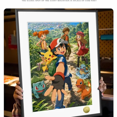 "Playful main image of a nostalgic Pokemon decorative painting showcasing Ash, Pikachu, and friends in dynamic fan art celebrating their adventures."