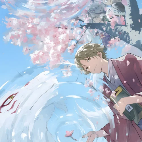 "Limited edition Natsume Art Print detail: Serene depiction of Natsume and Nyanko-sensei in a dreamlike natural setting, showcasing premium framed art."