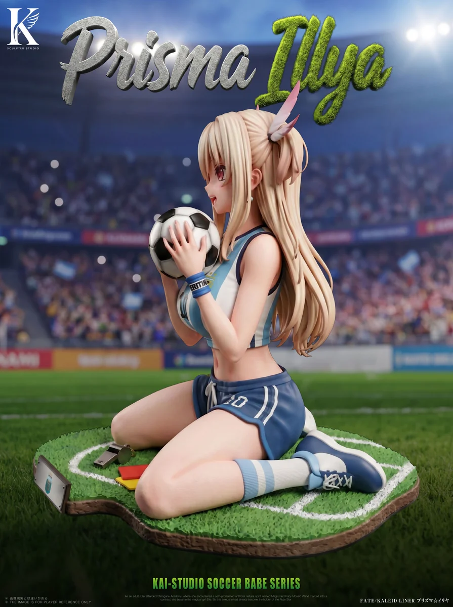 "Playful 1/6 Illya Soccer Babe figure by Kai Studio, detailed from multiple angles, highlighting her dynamic pose, uniform, and the intricate stadium."