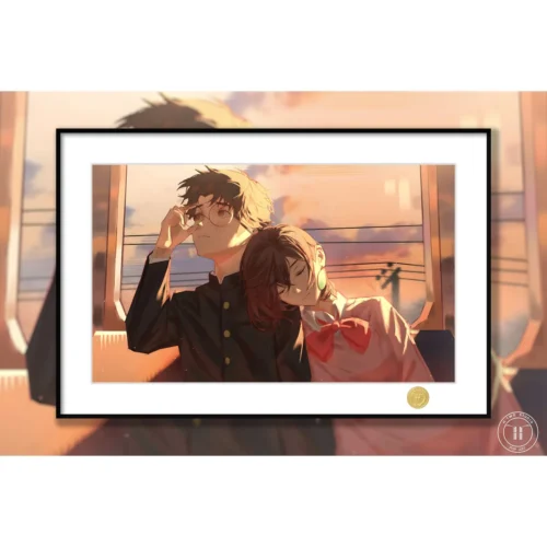 "Dynamic, colorful limited edition Dandadan framed art print showcasing Ayase Momo and Okarun in a vibrant, energetic illustration."