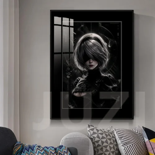 "NieR 2B Painting gallery shows premium, fade-resistant HD wall art of 2B in luxurious alloy frame, detailed."