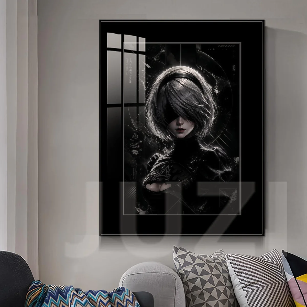 "NieR 2B Painting gallery shows premium, fade-resistant HD wall art of 2B in luxurious alloy frame, detailed."