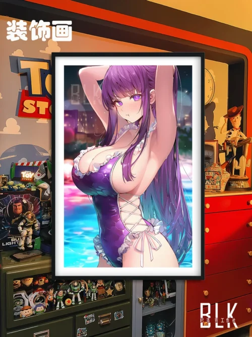 "Vibrant premium Frieren Fern swimsuit anime wall art, showcasing a modern, detailed illustration of Fern in a dynamic pose from Frieren."