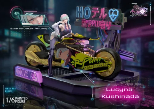 "Iconic 1/6 Cyberpunk Lucy figure in a dynamic pose with her futuristic motorcycle, crafted from premium resin, capturing the essence of Edgerunners."