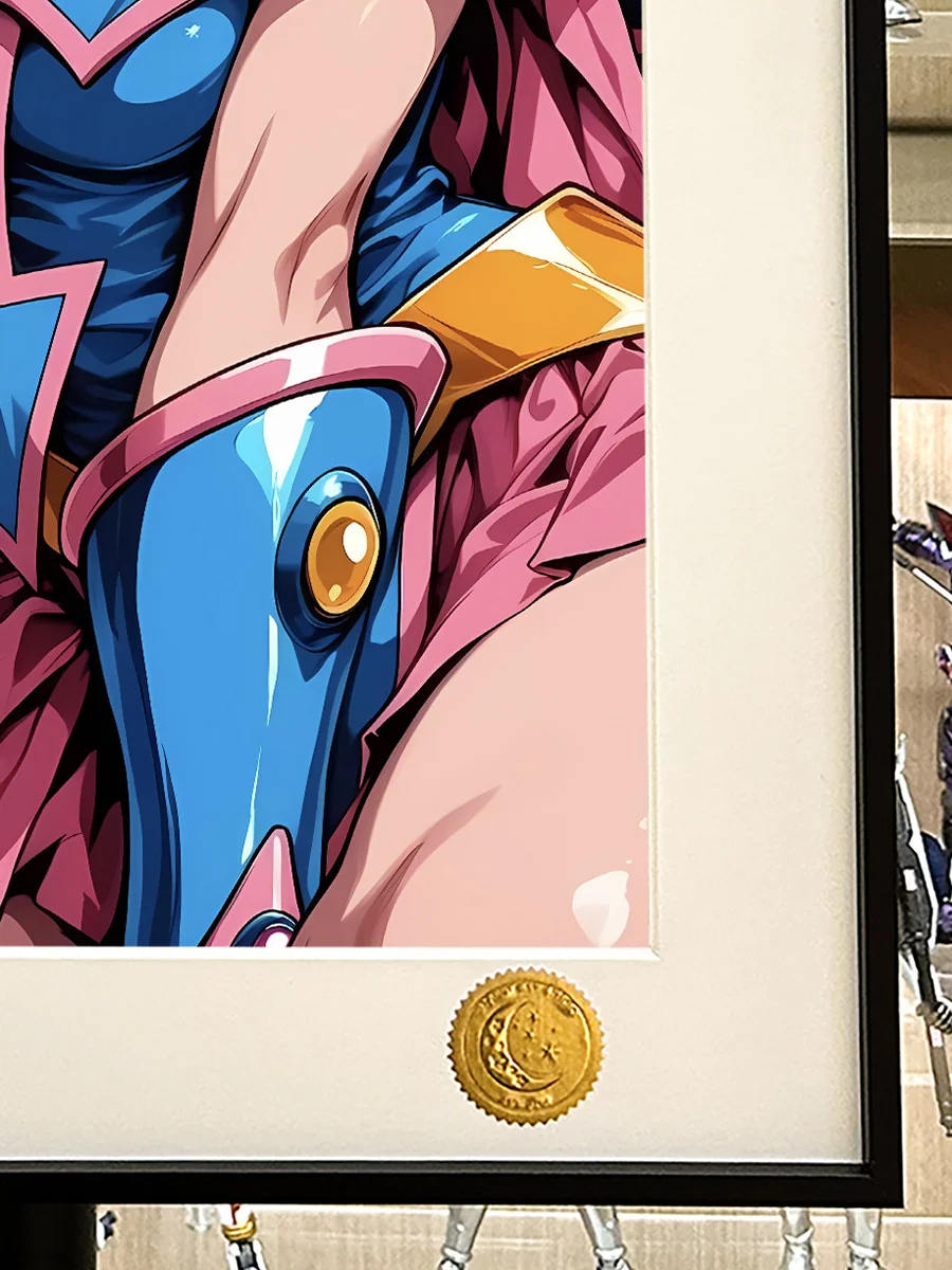 Limited Edition Yu-Gi-Oh! Dark Magician Girl decorative painting. Vibrant pink starry sky and iconic details shown from various artistic angles.