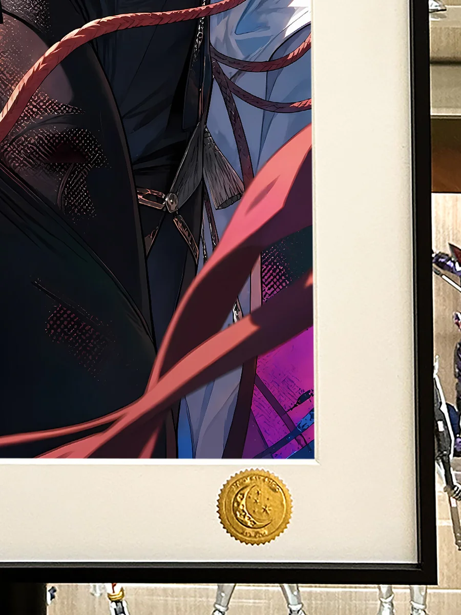 "Gallery view of the limited edition Genshin Impact Shenhe graffiti art print, showcasing vibrant colors and intricate cosmic details from multiple."