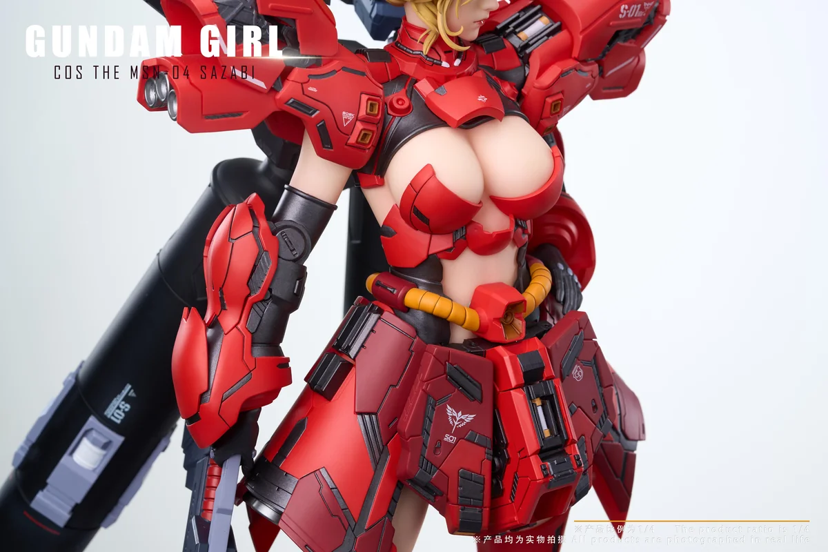 "1/4 Sazabi Mecha Girl JN5.0 Gundam statue close-up, revealing intricate futuristic details, dynamic pose, and glowing UV-reactive decals."