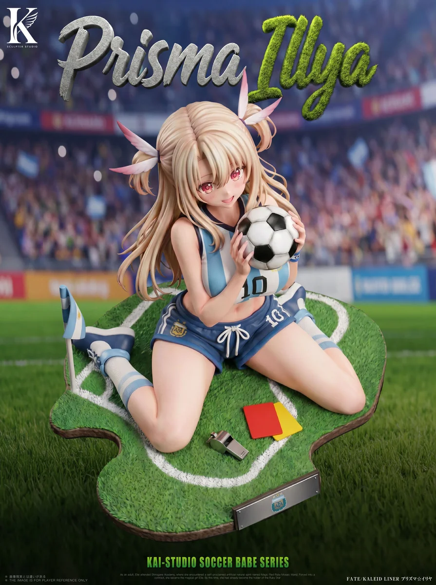 "Playful 1/6 Illya Soccer Babe figure with detailed soccer uniform and stadium base, shown from multiple angles to highlight all sculpted details."