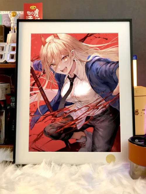 "Various detailed views of the limited edition Chainsaw Man Power art print by Xingkong Studio, highlighting its dynamic illustration and vibrant."