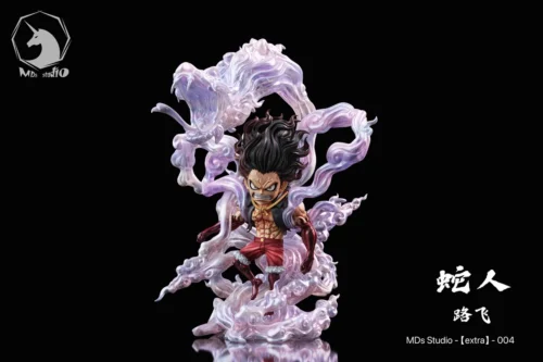 "Dynamic Monkey D. Luffy Gear Fourth Snake-Man figure by MDS Studio, detailed from multiple angles, highlighting interchangeable heads and premium."