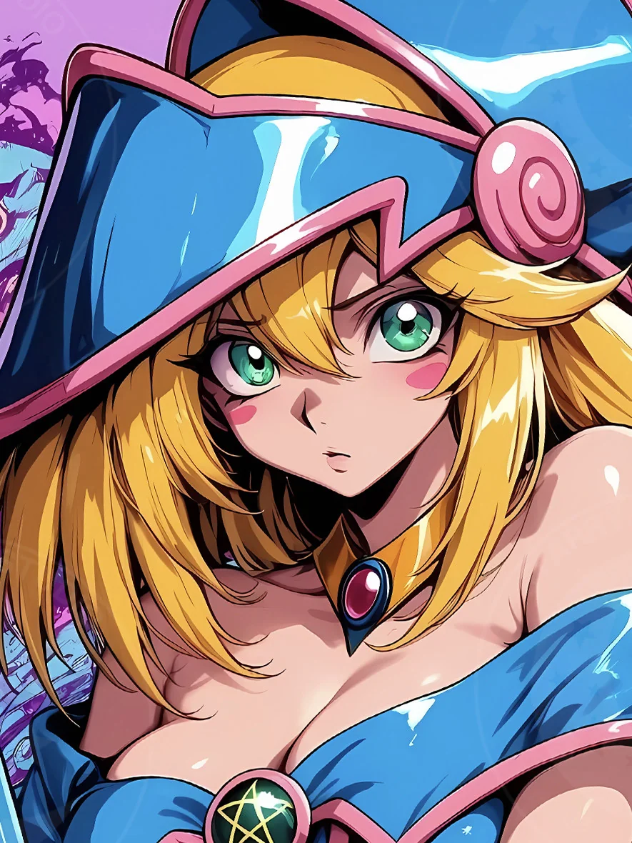 Premium Limited Edition Dark Magician Girl Art Print from Yu-Gi-Oh! by Xingkong, showcasing dynamic details and vibrant pink starry sky from multiple angles.