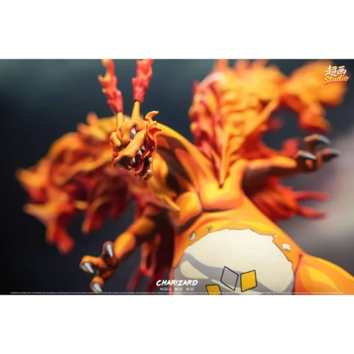 "Limited edition Chaohua Studio Mega Charizard X resin statue, with a fierce dynamic pose, fiery effects, and intricate sculpture details."