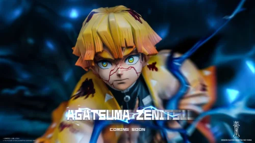 "Dynamic Zenitsu Agatsuma 1/6 scale resin statue, highlighting electrifying lightning effects and intricate base details from various angles."