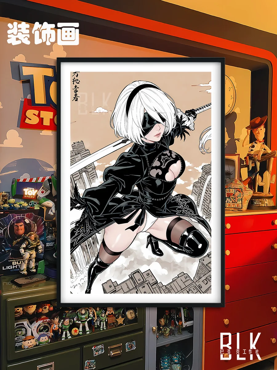 "Main image of a stunning NieR Automata 2B decorative art print, featuring dynamic character artwork in a sleek brushed aluminum frame with a vibrant."