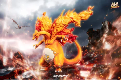 "Premium Limited Edition Mega Charizard X Pokémon resin statue by Chaohua Studio. Iconic character in a fierce, dynamic, battle-ready pose with intens."