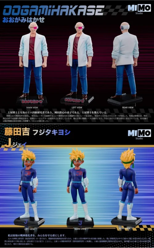 "Mimo Studio's dynamic limited edition Dr. Ohgami & Aji Fujita Kichi Mini 4WD figures from Bakusou Kyoudai Let's & Go!!, capturing their iconic rival."
