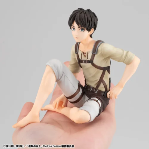 "Attack on Titan Levi & Eren figures. Multi-angle views highlight meticulous sculpting, dynamic poses, and iconic character details."