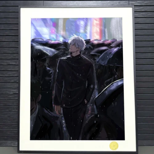 "Gojo Satoru painting by H-TWO Studio. Limited edition Jujutsu Kaisen framed art print, showing rain-soaked Gojo from angles."