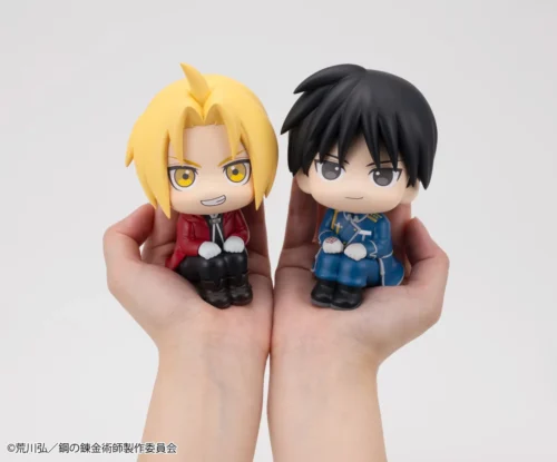 "Adorable chibi Edward Elric and Roy Mustang Fullmetal Alchemist figures in their signature Look Up pose, perfect playful desk companions."