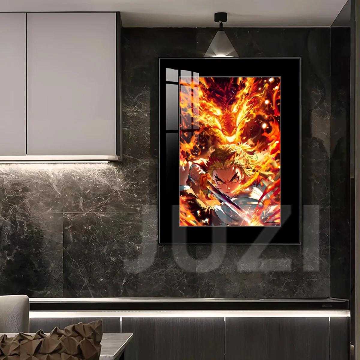 "Gallery views of the premium Demon Slayer Rengoku Kyojuro art print. Vivid Flame Dragon and Purgatory Phoenix details, highlighting its fade-resistan."