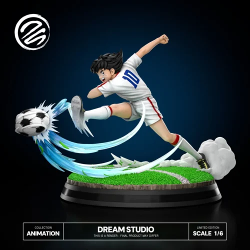 "Dynamic 1/6 Tsubasa Ozora Captain Tsubasa Dreams Studio resin statue, showcasing its iconic soccer action pose from multiple premium angles."