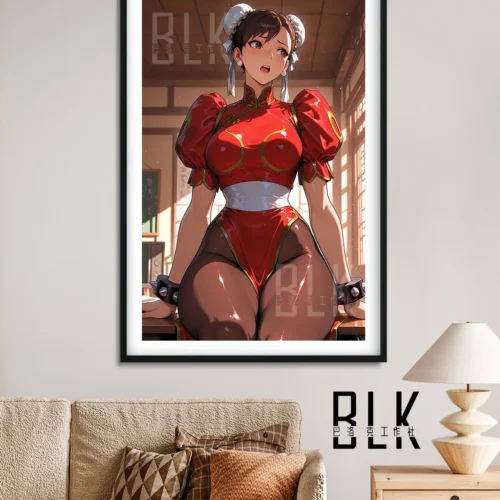 "Premium Chun-Li Street Fighter wall art. Dynamic red Baroque painting, shown from various angles, reveals vibrant colors and intricate artistic."