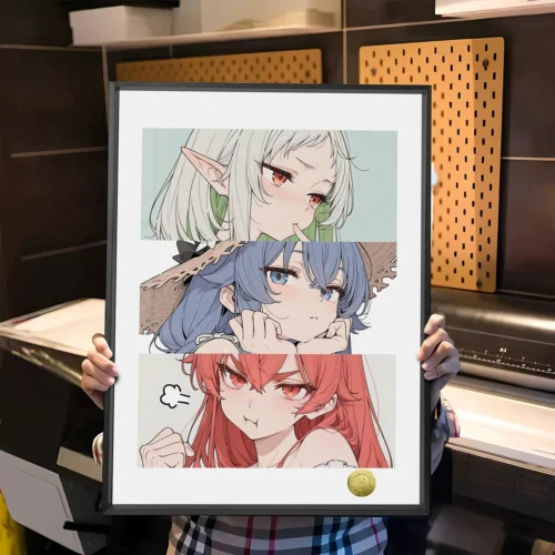 "Charming Mushoku Tensei heroines vividly depicted in a premium, limited edition decorative fan art painting, highlighting its exquisite artistic."