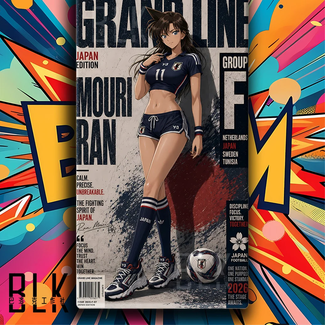 "Vibrant anime football paintings from the Football Babe Series, featuring popular heroines in dynamic, playful poses and high-quality sports art."