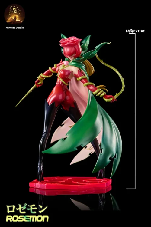"Striking limited edition Digimon Rosemon resin statue by MIMAN Studio, featuring her dynamic, detailed form amidst elegant floral and combat elements."
