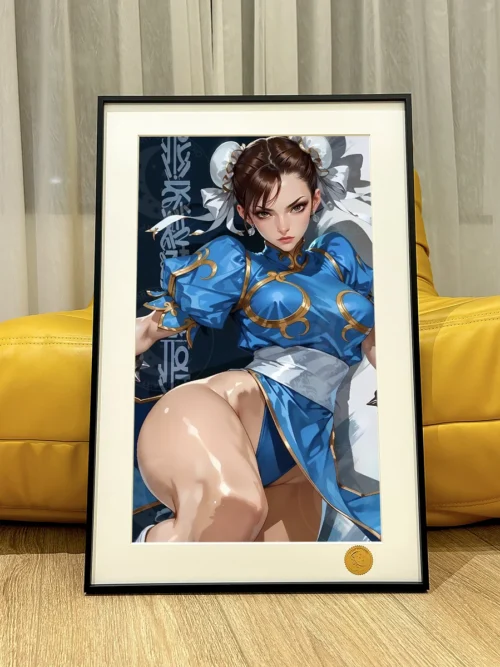 "Chun-Li Dynamic Action Street Fighter decorative painting with a vibrant cosmic background. Limited Edition Premium Anime Art Print by Xingkong Studio."
