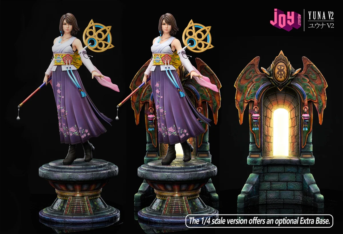 "Premium 1/3 scale Final Fantasy X Yuna 2.0 resin statue, capturing her dynamic summoner pose amidst ethereal water and spiritual effects."