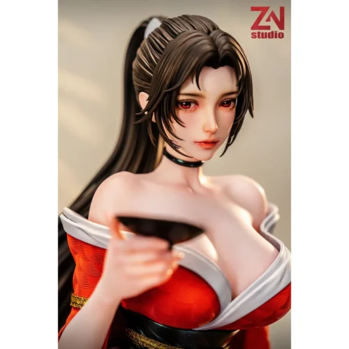 "Mai Shiranui 1/4 Tipsy resin statue. Exquisite sculpting, elegant relaxed pose from various angles in a traditional Japanese setting."