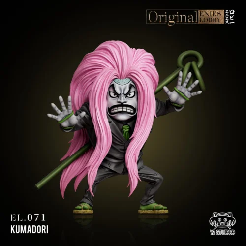 "Premium YZ Studio One Piece Kumadori statue in a dynamic Enies Lobby pose, showcasing his unique fighting style. Includes an exclusive collector card."
