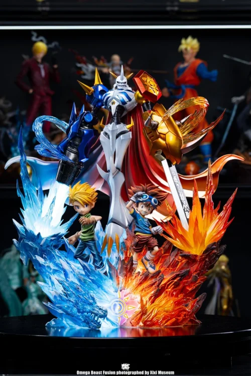 "Limited Edition Omegamon Digimon statue by Dreammaker Studio, showcasing dynamic LED lighting, intricate battle armor, and a powerful heroic pose."