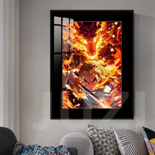 "Vibrant JUZI Studio Demon Slayer Rengoku Kyojuro decorative painting, highlighting its dynamic Flame Dragon and Purgatory Phoenix art."