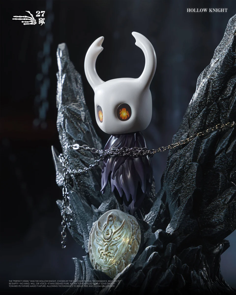 "Hollow Knight Little Knight figure, depicting the iconic protagonist in a sealed, heroic stance with an atmospheric LED glow."