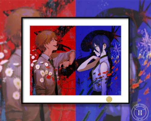 "Limited Edition Chainsaw Man print showcasing a dynamic, emotionally charged illustration of Reze and Denji by H-TWO Studio. A striking art piece."