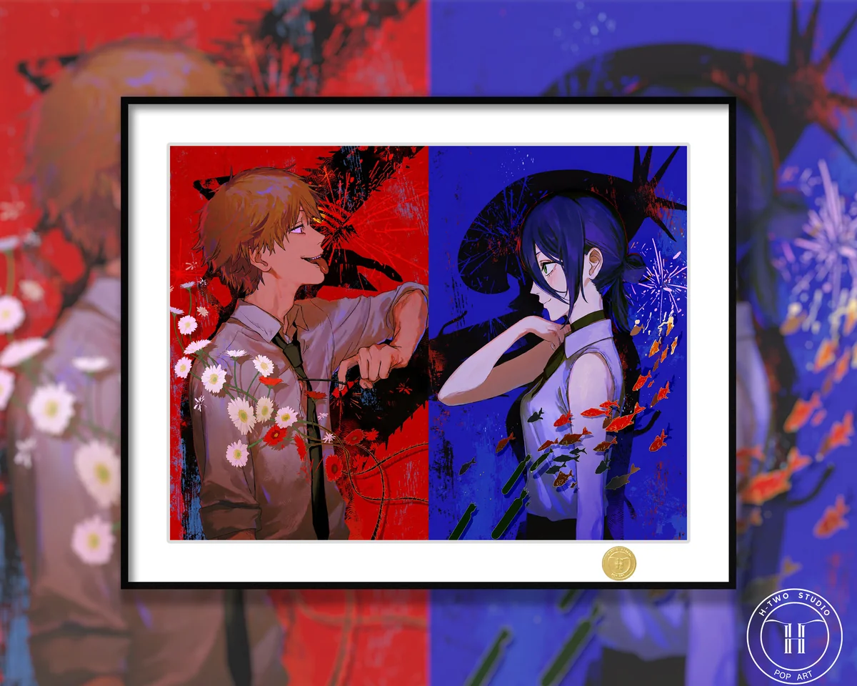 "Limited Edition Chainsaw Man print showcasing a dynamic, emotionally charged illustration of Reze and Denji by H-TWO Studio. A striking art piece."