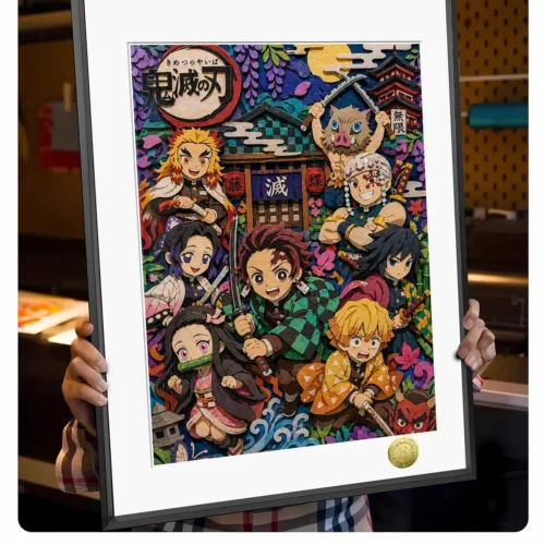 "Close-up of a vibrant Q-version Demon Slayer decorative painting, featuring adorable chibi characters from the exclusive fan art collection."
