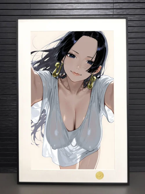 "Exclusive Boa Hancock One Piece art print, showing her alluring grace, premium moden aesthetic, and intricate details from multiple angles."