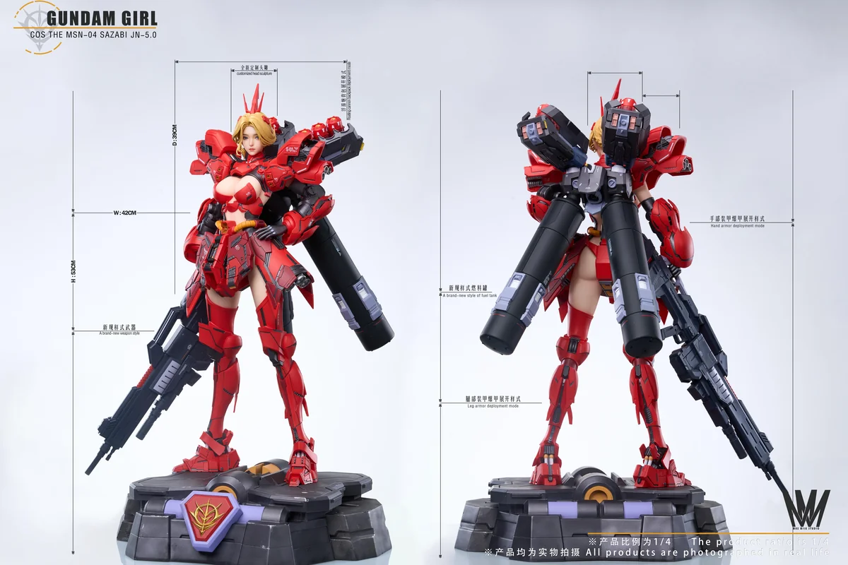 "1/4 Sazabi Mecha Girl JN5.0 Gundam statue close-up, revealing intricate futuristic details, dynamic pose, and glowing UV-reactive decals."