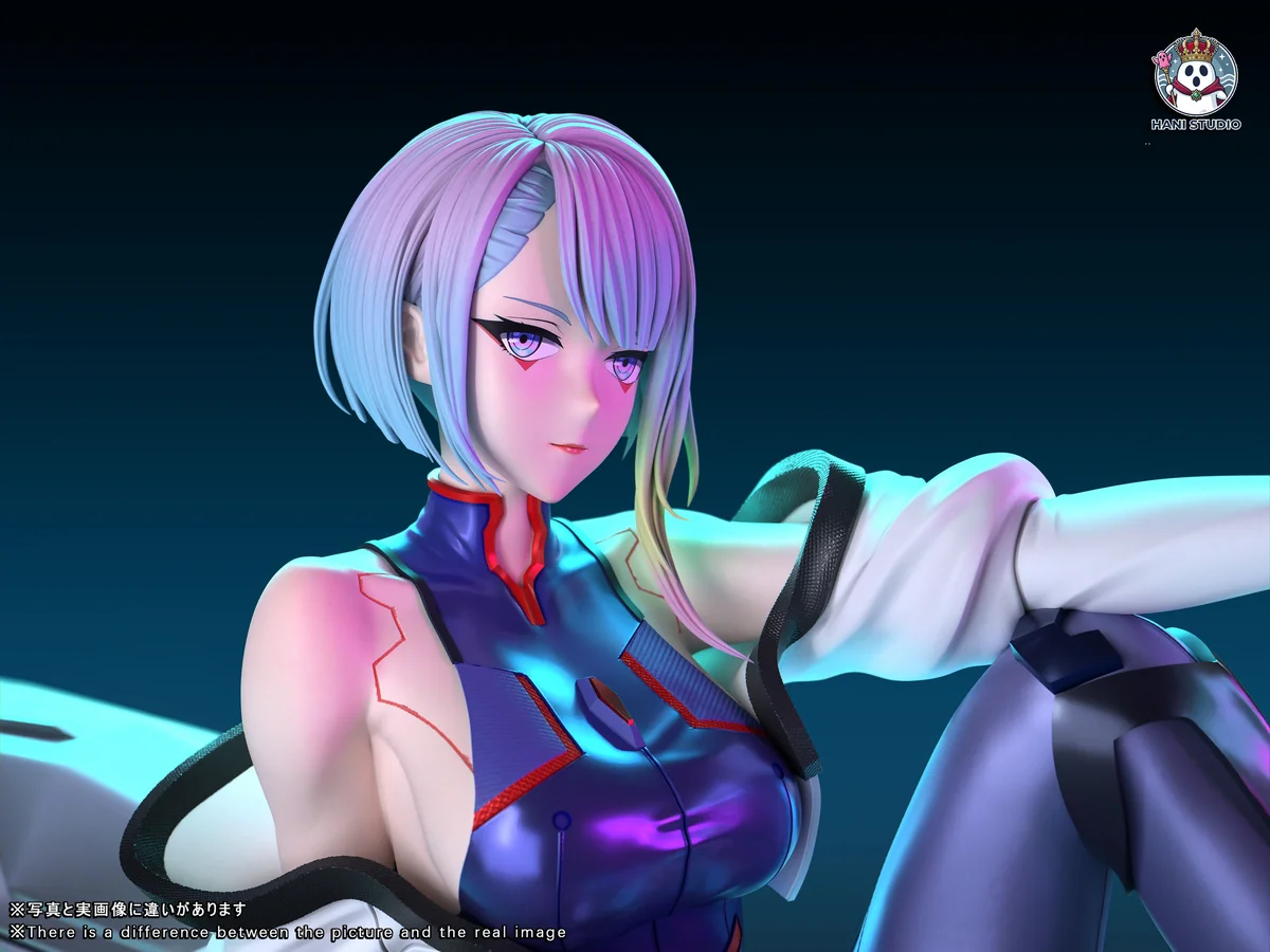 "1/6 Cyberpunk Lucy & Kusanagi Muramasa LED resin statue. Dynamic poses, futuristic motorcycle, and intricate details."