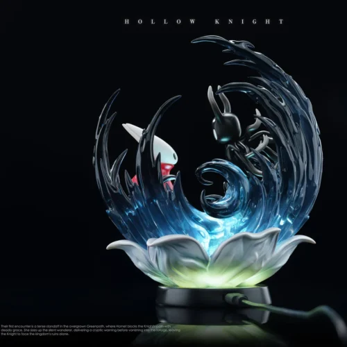 "Hollow Knight Silksong Statue, Limited Edition. Intricate sculpture, ethereal LED lighting, mysterious forest diorama, unique angle view."