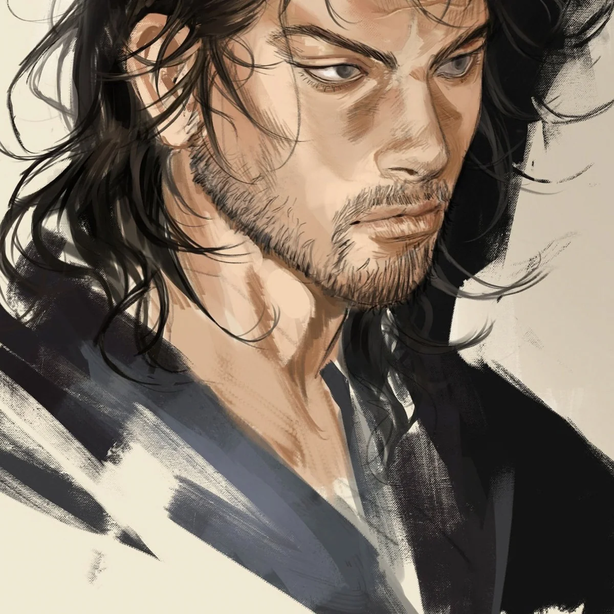 "Vagabond Musashi art print gallery: Premium framed by H-TWO Studio. Shows iconic manga style, dynamic samurai portrait, and elegant details."