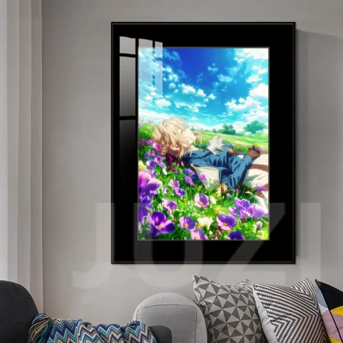 "Violet Evergarden painting close-up. Premium HD print details, elegant frame. Serene grace under clear sky, fade-proof framed art."