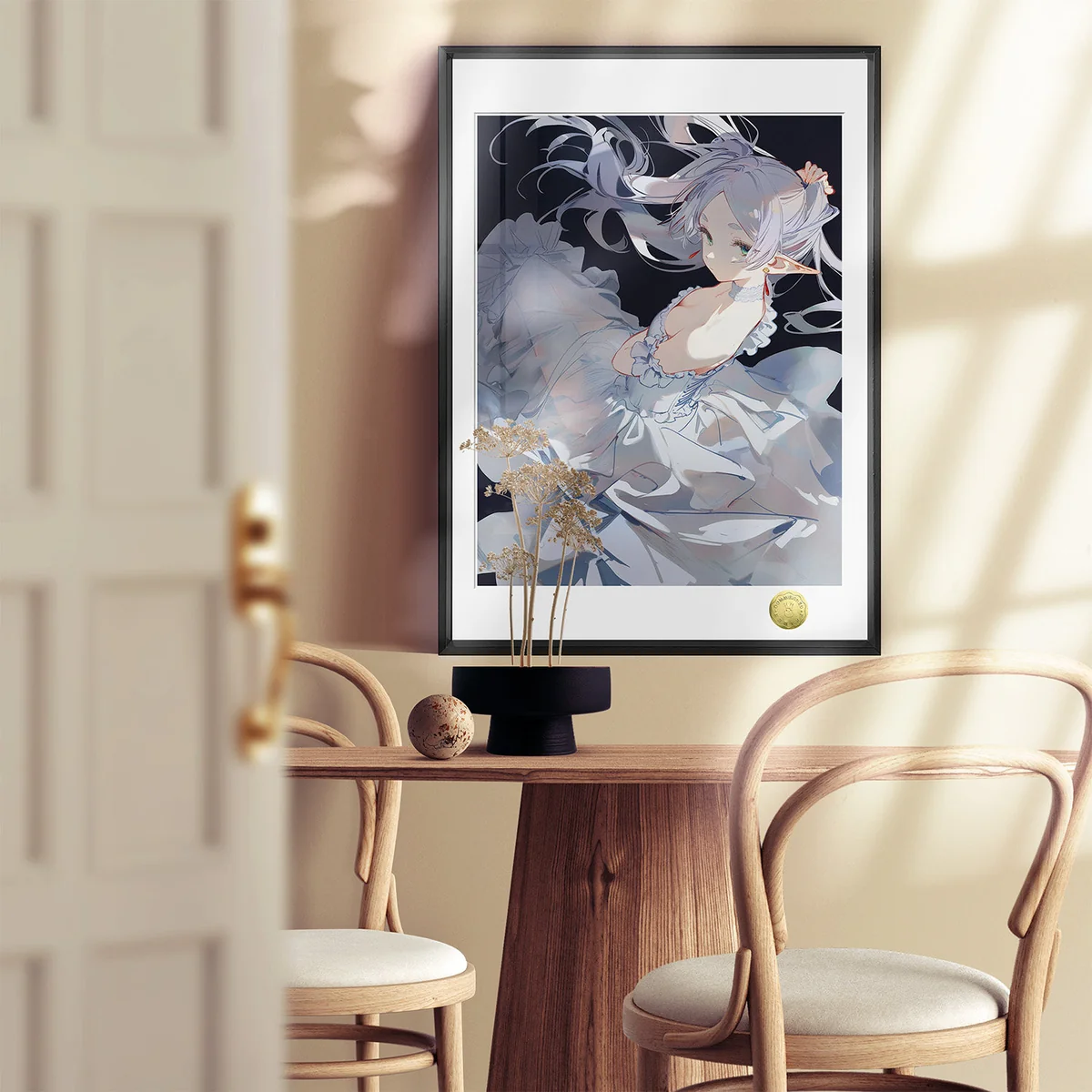 "Exquisite Limited Edition Frieren decorative painting, showcasing the elegant, ethereal Noble Maiden Frieren in a contemplative pose. Detailed view."