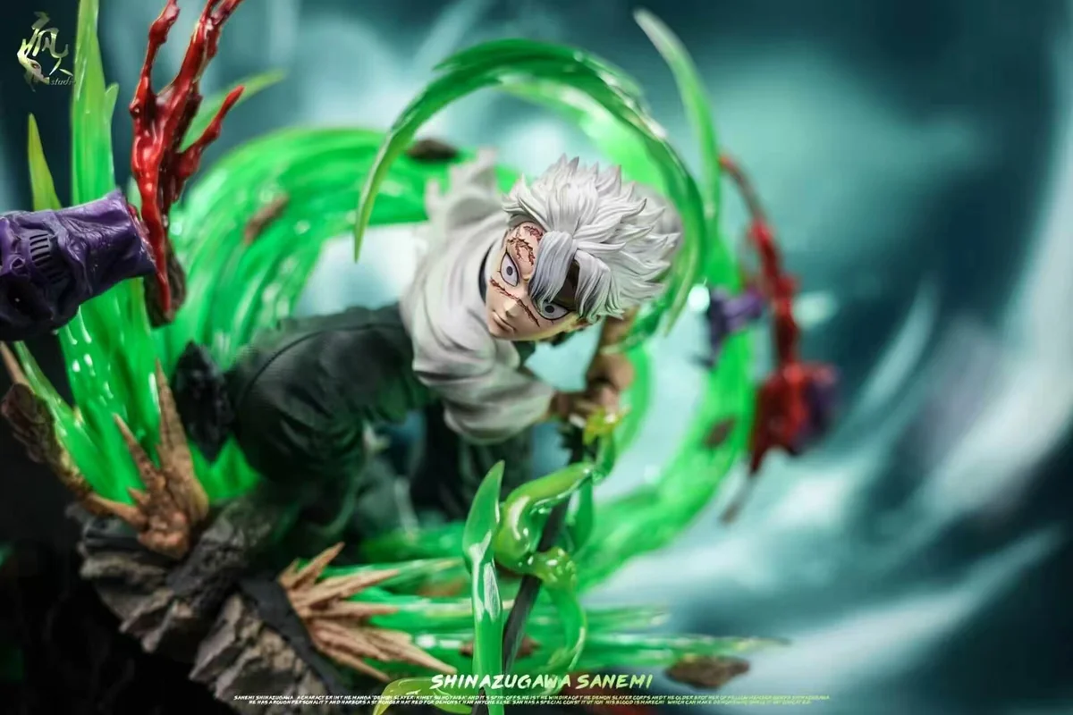 "1/6 Sanemi Shinazugawa Demon Slayer resin statue showcases a dynamic pose, intricate details, and stunning LED wind effects."
